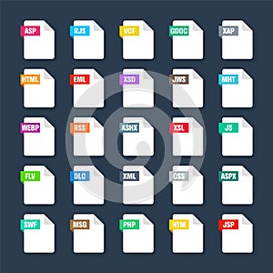 Common system file formats. Document types and extensions. Flat style icons collection. Document pictogram, web design