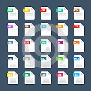 Common system file formats. Document types and extensions. Flat style icons collection. Document pictogram, web design