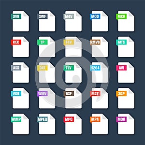 Common system file formats. Document types and extensions. Flat style icons collection. Document pictogram, web design