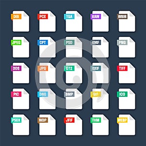 Common system file formats. Document types and extensions. Flat style icons collection. Document pictogram, web design