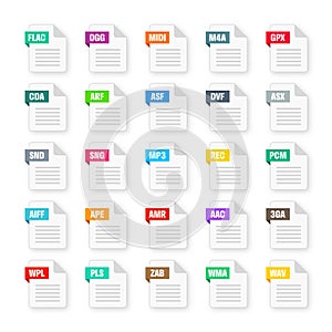 Common system file formats. Document types and extensions. Flat style icons collection. Document pictogram, web design