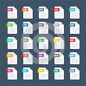 Common system file formats. Document types and extensions. Flat style icons collection. Document pictogram, web design