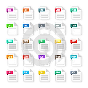 Common system file formats. Document types and extensions. Flat style icons collection. Document pictogram, web design