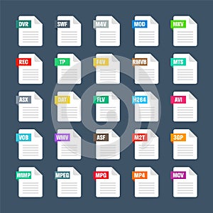 Common system file formats. Document types and extensions. Flat style icons collection. Document pictogram, web design