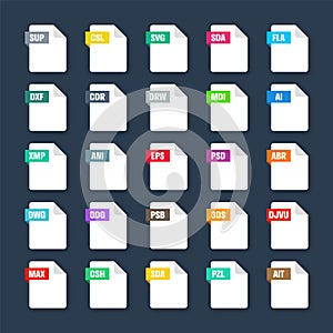 Common system file formats. Document types and extensions. Flat style icons collection. Document pictogram, web design