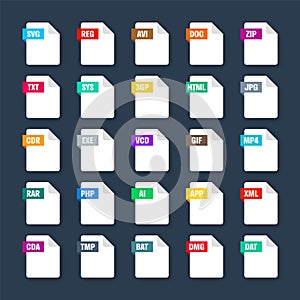 Common system file formats. Document types and extensions. Flat style icons collection. Document pictogram, web design