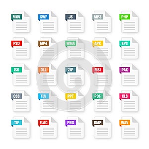 Common system file formats. Document types and extensions. Flat style icons collection. Document pictogram, web design