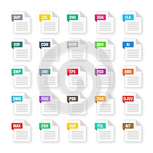 Common system file formats. Document types and extensions. Flat style icons collection. Document pictogram, web design