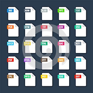 Common system file formats. Document types and extensions. Flat style icons collection. Document pictogram, web design