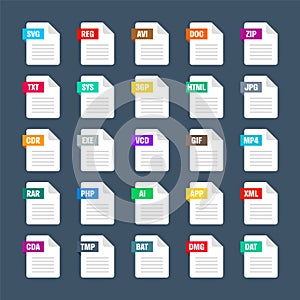 Common system file formats. Document types and extensions. Flat style icons collection. Document pictogram, web design