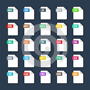 Common system file formats. Document types and extensions. Flat style icons collection. Document pictogram, web design