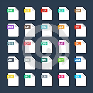 Common system file formats. Document types and extensions. Flat style icons collection. Document pictogram, web design