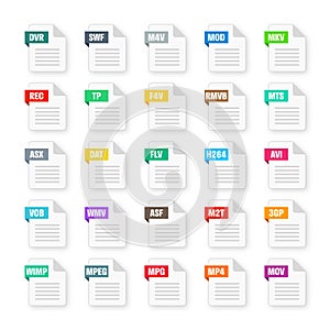 Common system file formats. Document types and extensions. Flat style icons collection. Document pictogram, web design
