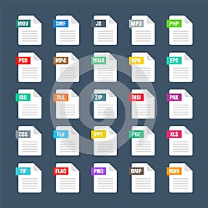 Common system file formats. Document types and extensions. Flat style icons collection. Document pictogram, web design
