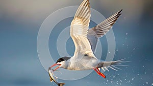 Common Tern in flight, gracefully capturing a fish in its beak. Generative Ai