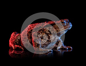 Common toad portrait in red and blue neon light isolated on black background