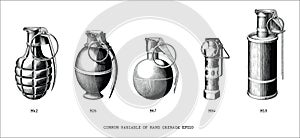 Common variable of hand grenade hand draw vintage style black and white clip art isolated on white background