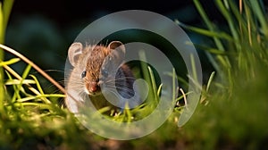 A common vole mouse sits on the grass in the garden at night, Microtus arvalis. generative ai