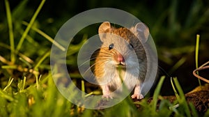 A common vole mouse sits on the grass in the garden at night, Microtus arvalis. generative ai