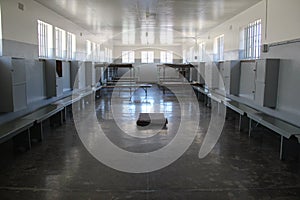 A communal cell in the former prison on Robben Island off the coast of Cape Town, South Africa