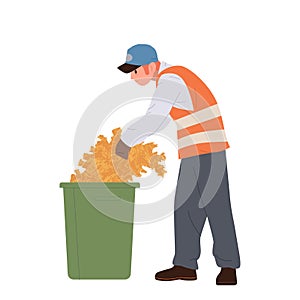 Communal cleaning service worker cartoon character throwing fallen dry foliage into trashcan
