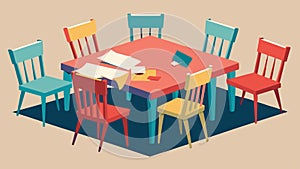 A communal table made from repurposed materials surrounded by mismatched chairs..