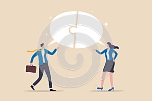 Communicate solution to solve problem, agreement, teamwork or cooperation, conversation message, meeting or discussion concept,