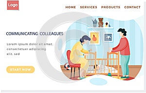 Communicating colleagues landing page template with young parents put baby to sleep in crib