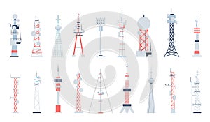 Communication 5g towers. Telecoms tower, 4g wireless or radio antenna. Telecommunication equipment, mobile or internet