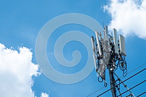 Communication antenna tower with blue sky, Telecoms technology