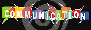 Communication banner with multicolored speech bubbles on black background