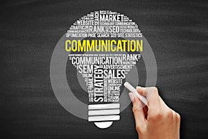 COMMUNICATION bulb word cloud collage, business concept background on blackboard