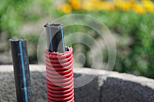 Communication cable outdoor, laying a fiber optic cable for fast internet