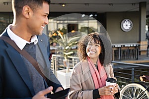 Communication, coffee break and happy business people walking, talking or travel in San Francisco. Architecture, black