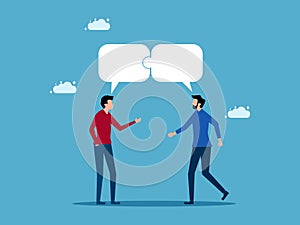 Communication or collaboration. Two men talking with jigsaw speech bubbles