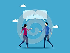communication or collaboration. Two men and women talking with jigsaw speech bubbles