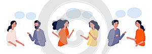 Communication concept. Flat people chatting, dialogue vector illustration. Boys girls actively communicate, people have