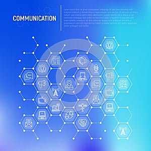 Communication concept in honeycombs with thin line icons