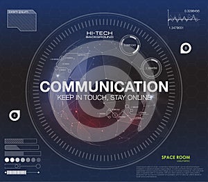 Communication concept in HUD style. The word `communication` HUD design with speech. Absrtract vector illustration.