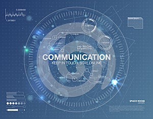 Communication concept in HUD style. The word `communication` HUD design with speech. Absrtract vector illustration.