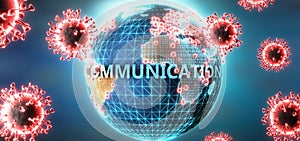Communication and covid virus, symbolized by viruses and word Communication to symbolize that corona virus have gobal negative photo