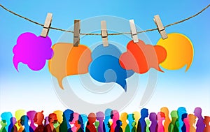 Communication crowd large group of people. Crowd talking. Speech bubble. Colored clouds. Chatter network. Dialogue between diverse