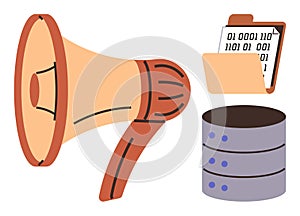 Communication and Data Storage Concept with Megaphone, Folder, and Database
