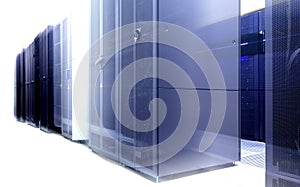 Communication equipment room with lighting in the data center with blur and motion