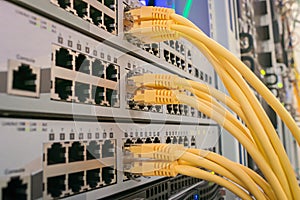 Communication equipment is in the server room of the data center. Network Ethernet patch cords are included in the interfaces of