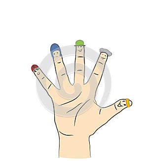 Communication, family, people and body parts concept. showing fingers with different facial expressions. vector illustration