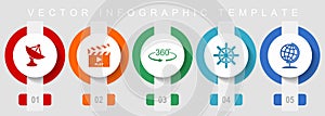 Communication flat design icon set, miscellaneous icons such as satellite antenna, cinema, 360 degree, ship wheel and globe,