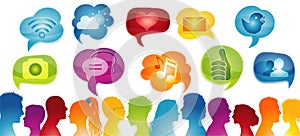 Communication group of different people. Social media concept. Multi-ethnic people who talk. Symbols and signs application icons.