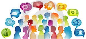 Communication group of different people. Social media concept. Multi-ethnic people who talk. Symbols and signs application icons.C