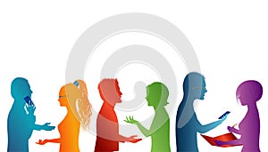 Communication between a group of people talking. Concept teamwork. Speech among people. Young people who work well together